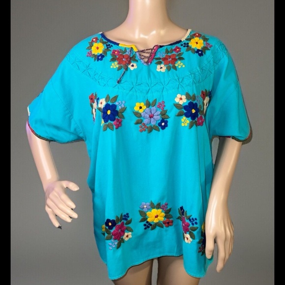 Honest Cotton Flower Embroidered Top AquaArtsy Boho - Picture 1 of 11
